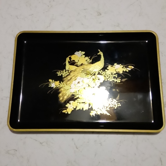 Otagiri Original Gold Peacock Flowers Black Lacquer Tray Dish Hand Crafted Japan - Picture 14 of 14